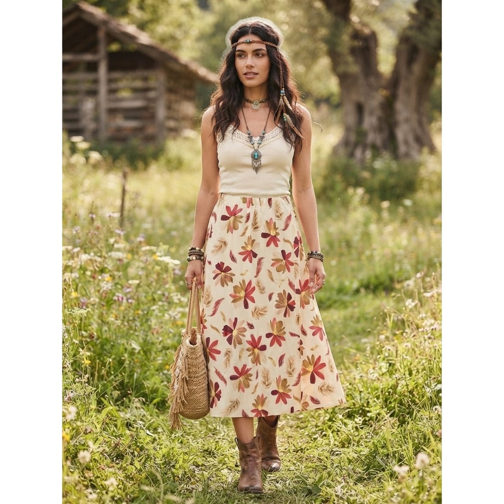 Truth by Republic Womens Small Skirt Floral Feather 100% Cotton Boho Cottagecore